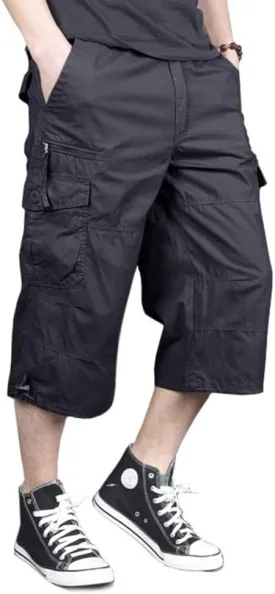 MAGNIVIT Men's Capri Long Elastic Cargo Shorts Below Knee Shorts 3/4 Cotton Cargo Casual Shorts with Multi-Pockets