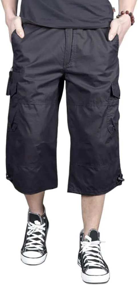 MAGNIVIT Men's Capri Long Elastic Cargo Shorts Below Knee Shorts 3/4 Cotton Cargo Casual Shorts with Multi-Pockets