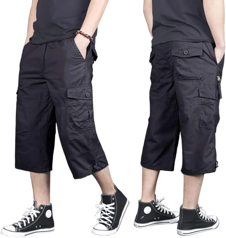 MAGNIVIT Men's Capri Long Elastic Cargo Shorts Below Knee Shorts 3/4 Cotton Cargo Casual Shorts with Multi-Pockets