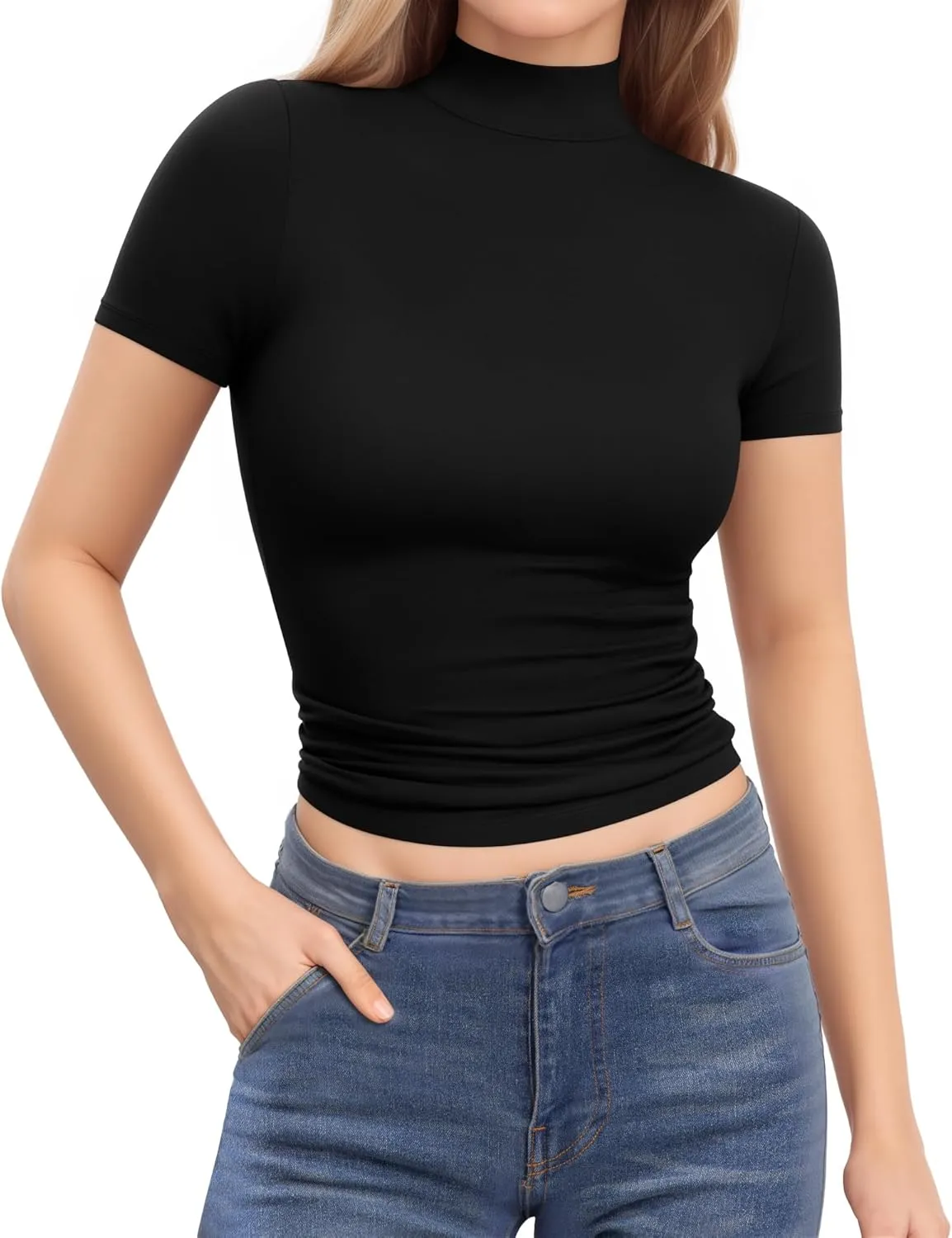 MANGOPOP Women's Turtleneck Mock Neck Shirt Double Lined Long Sleeve Short Sleeve Tops for Women Basic T Shirts Tight Tee