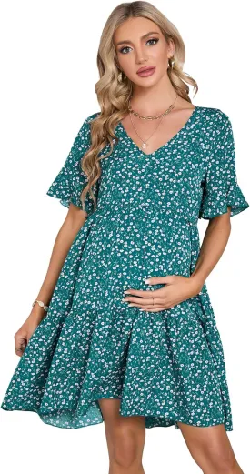 Maternity Dress Womens Casual Babydoll Dress Ruffle Short Sleeve V Neck Floral Printed Flowy Mini Short Tunic Dress