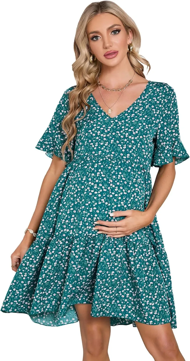Maternity Dress Womens Casual Babydoll Dress Ruffle Short Sleeve V Neck Floral Printed Flowy Mini Short Tunic Dress
