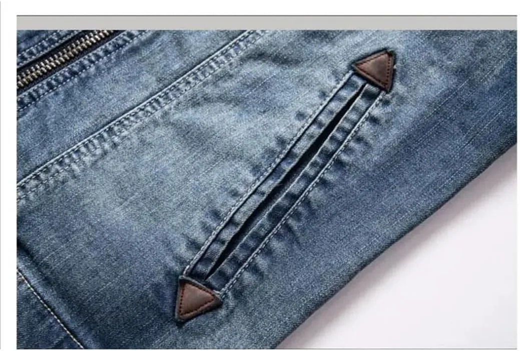 Men's Denim Jacket Slim-Fit Stand Collar Denim Jacket Outdoor Motorcycle Stretch Jacket