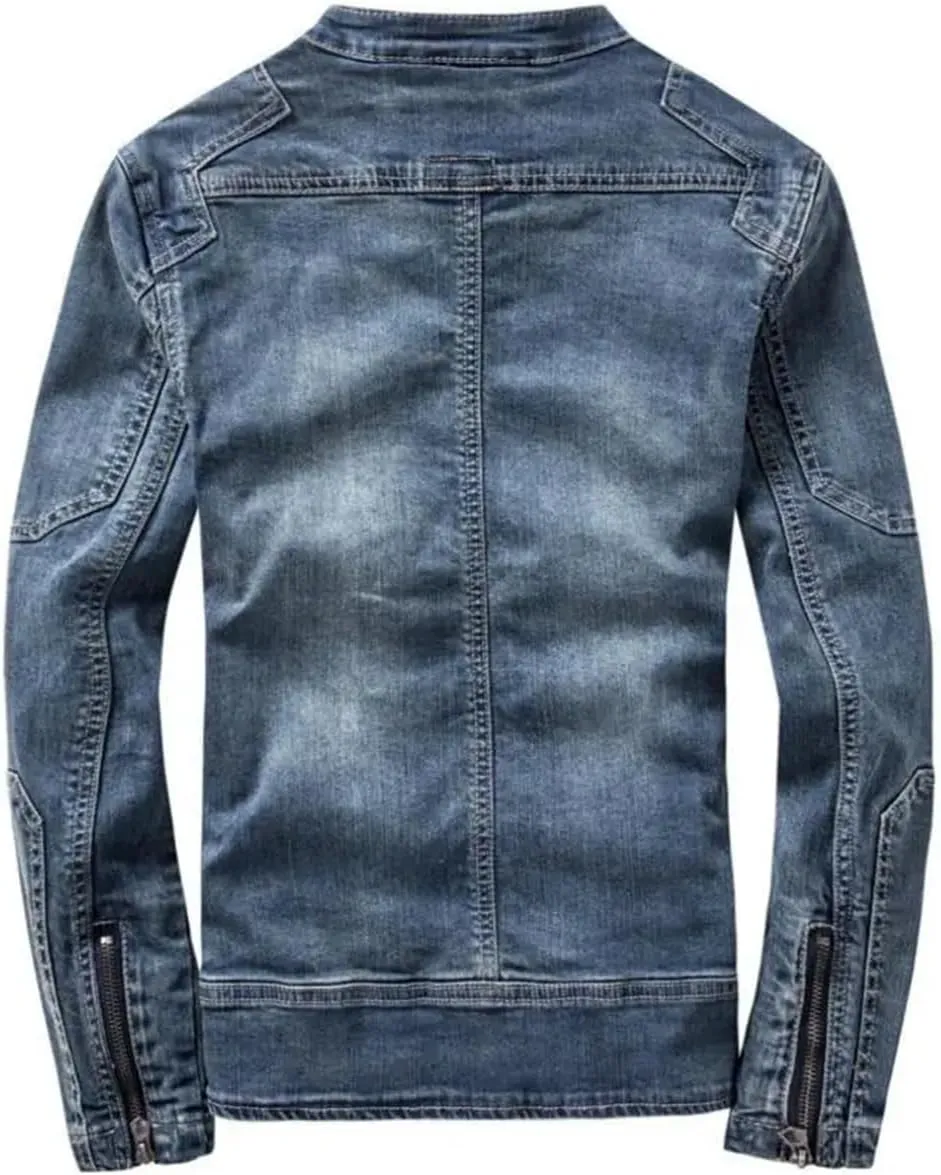 Men's Denim Jacket Slim-Fit Stand Collar Denim Jacket Outdoor Motorcycle Stretch Jacket