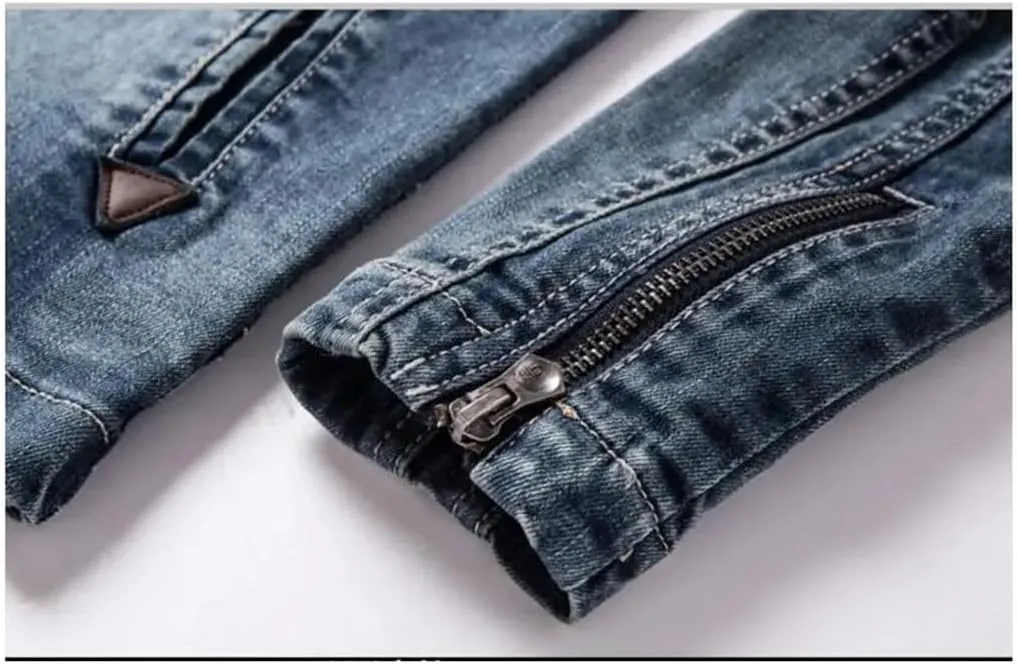 Men's Denim Jacket Slim-Fit Stand Collar Denim Jacket Outdoor Motorcycle Stretch Jacket