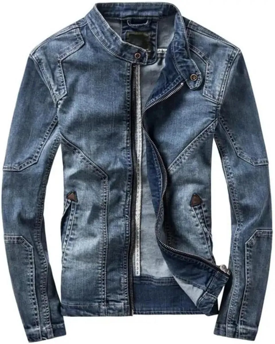 Men's Denim Jacket Slim-Fit Stand Collar Denim Jacket Outdoor Motorcycle Stretch Jacket