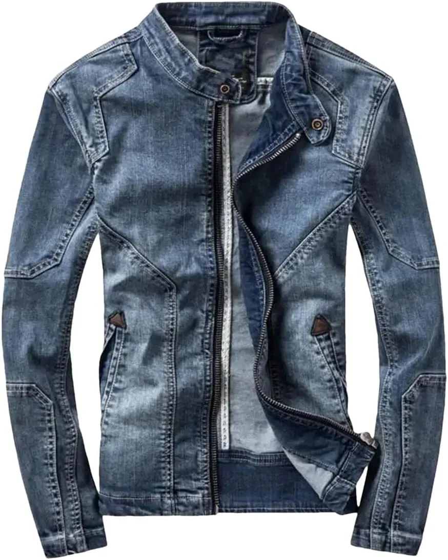Men's Denim Jacket Slim-Fit Stand Collar Denim Jacket Outdoor Motorcycle Stretch Jacket