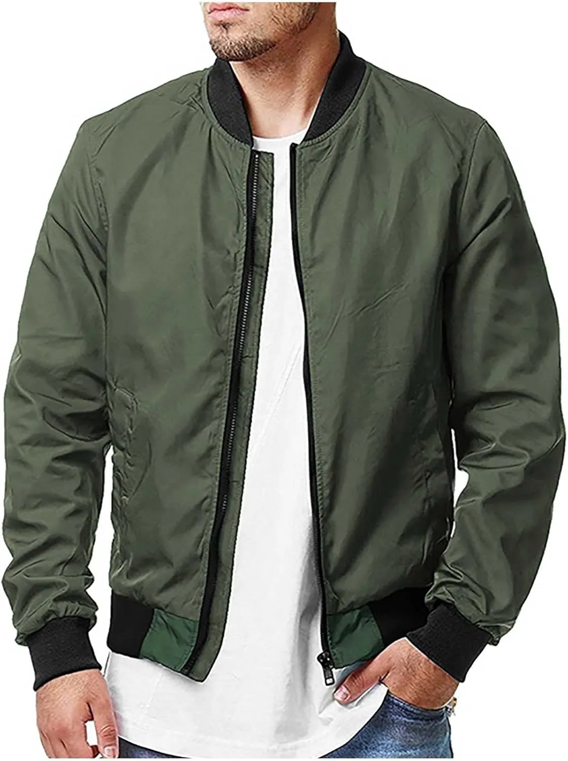 Men's Stand Collar Bomber Jacket Fashion Stylish Lightweight Full Zipper Windbreaker Spring Fall Casual Jackets