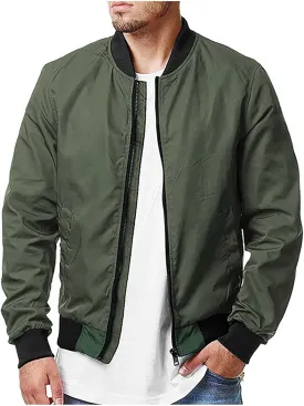 Men's Stand Collar Bomber Jacket Fashion Stylish Lightweight Full Zipper Windbreaker Spring Fall Casual Jackets