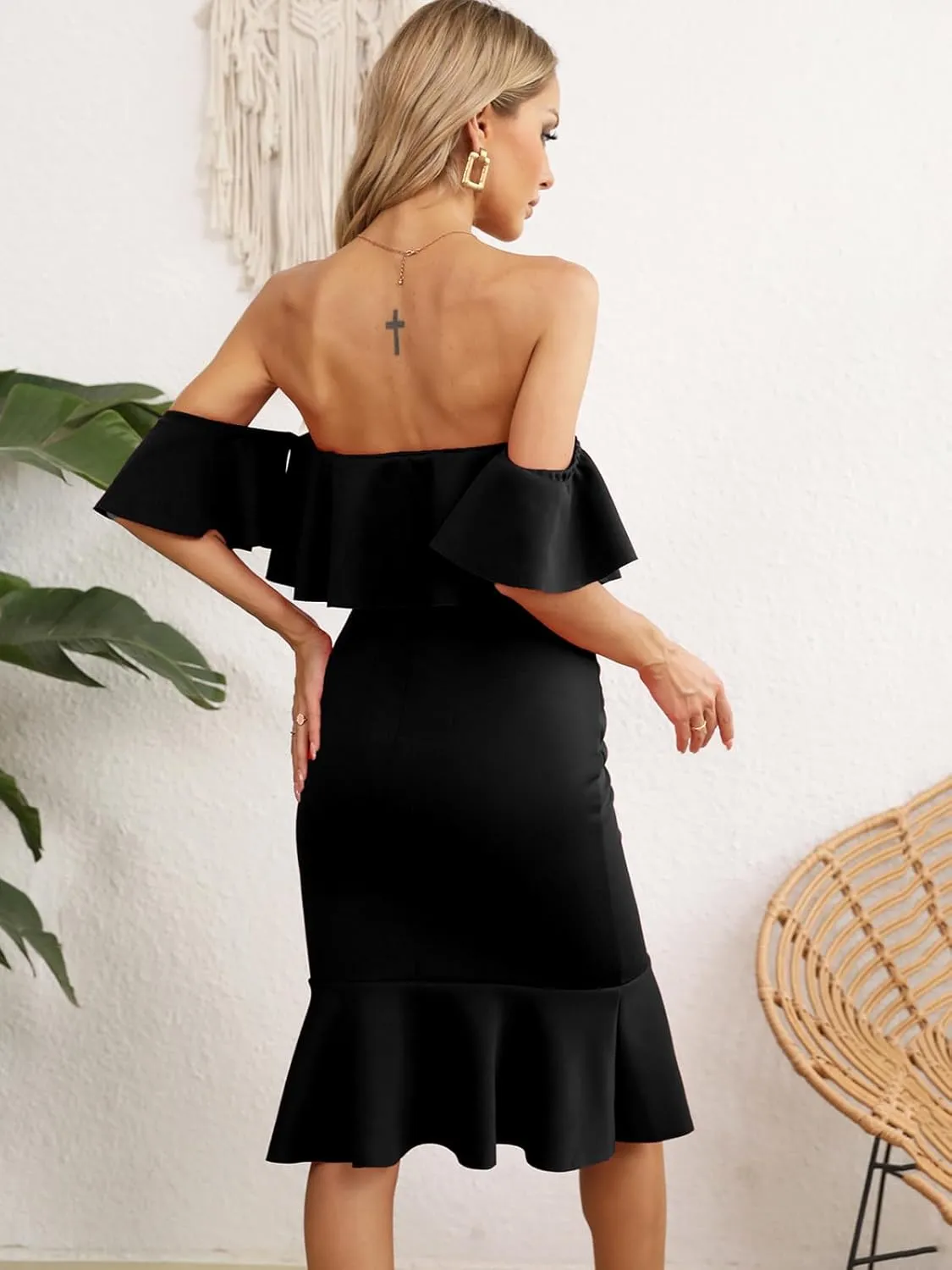 Off The Shoulder Maternity Dress Summer, Elegant Baby Shower Dress Bodycon Mermaid Midi with Ruffle Short Sleeves for Women