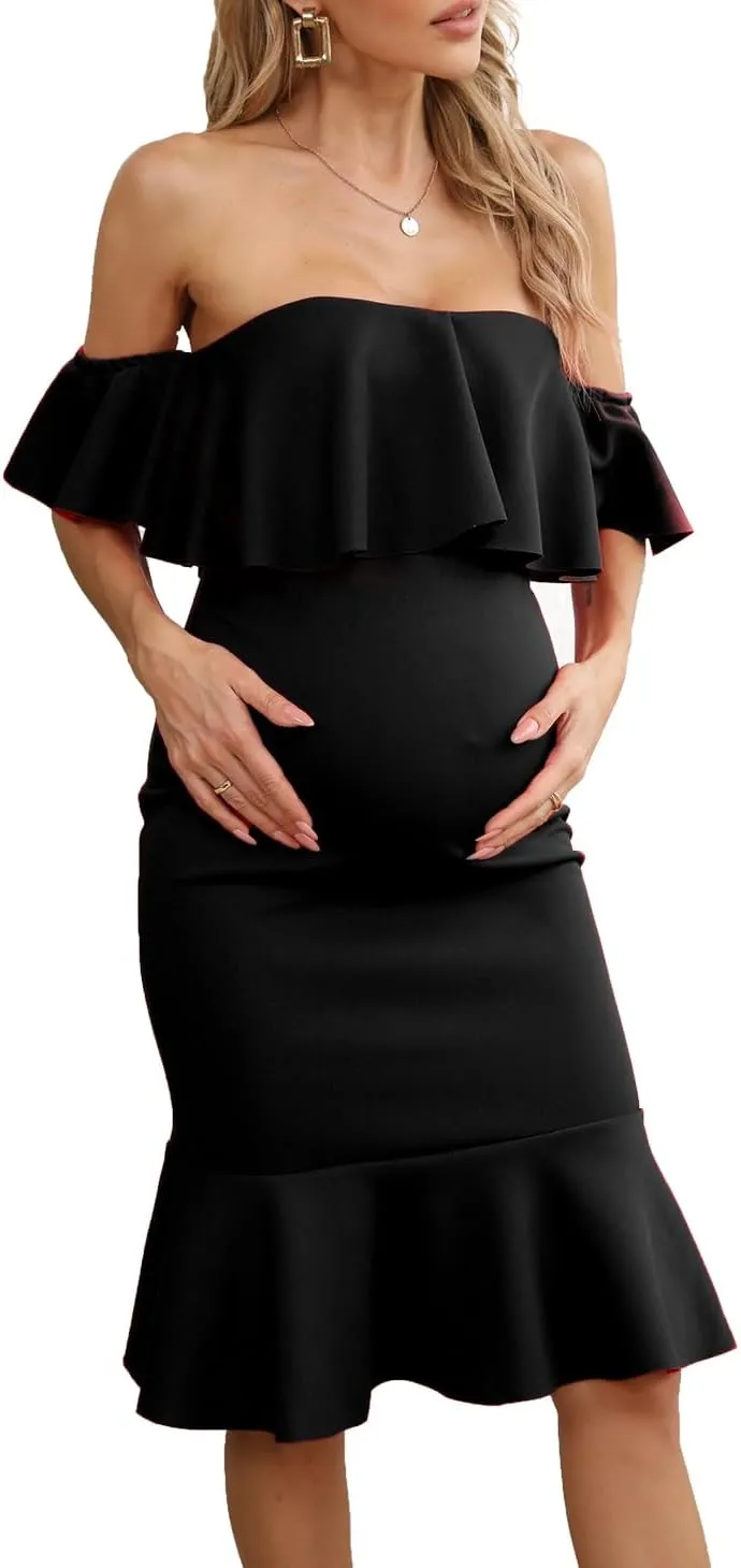 Off The Shoulder Maternity Dress Summer, Elegant Baby Shower Dress Bodycon Mermaid Midi with Ruffle Short Sleeves for Women