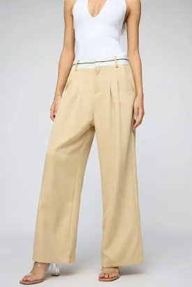 Pale Khaki Contrast Waist Korean Pants