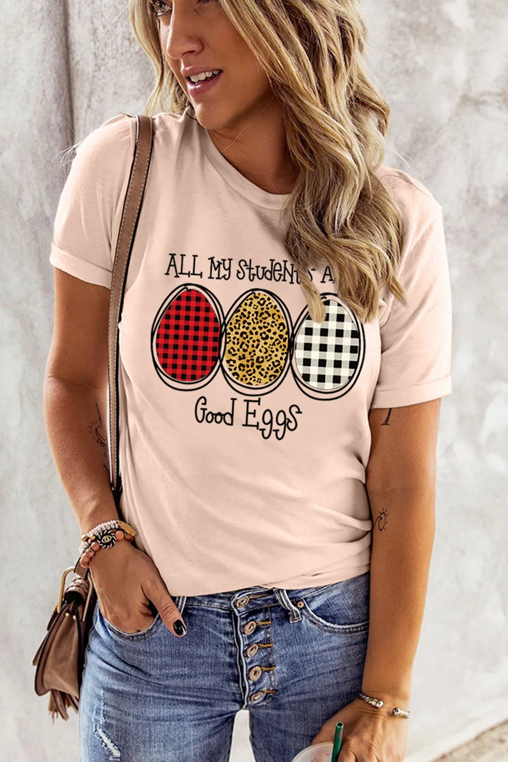 Pink Easter Egg Letter Print Short Sleeve T-shirt