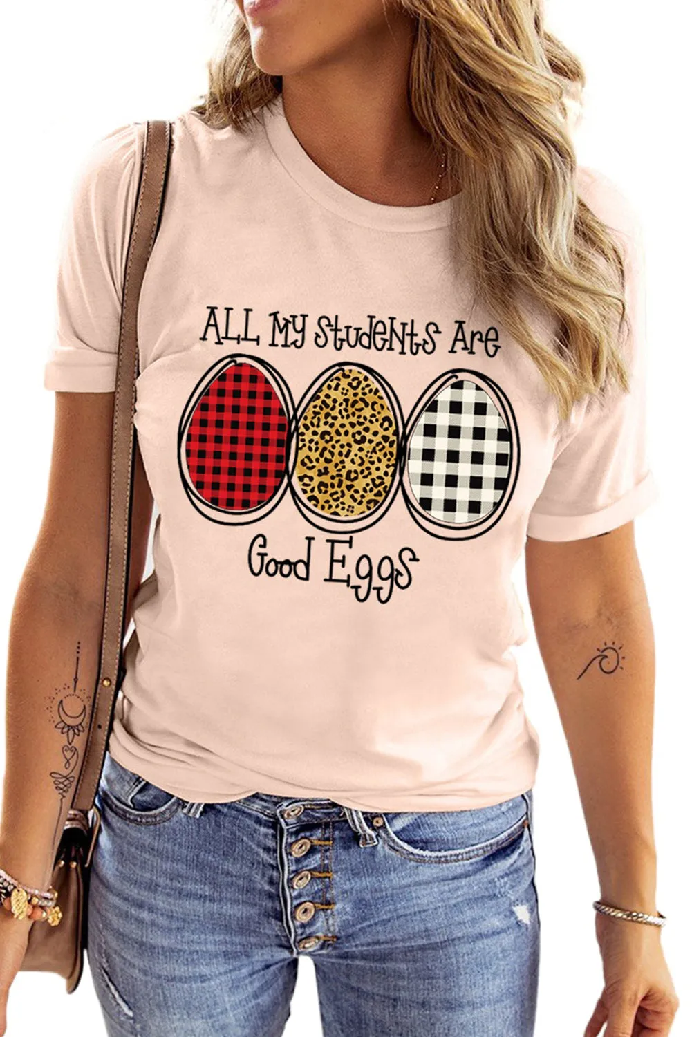 Pink Easter Egg Letter Print Short Sleeve T-shirt