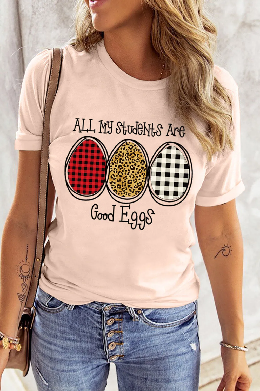 Pink Easter Egg Letter Print Short Sleeve T-shirt