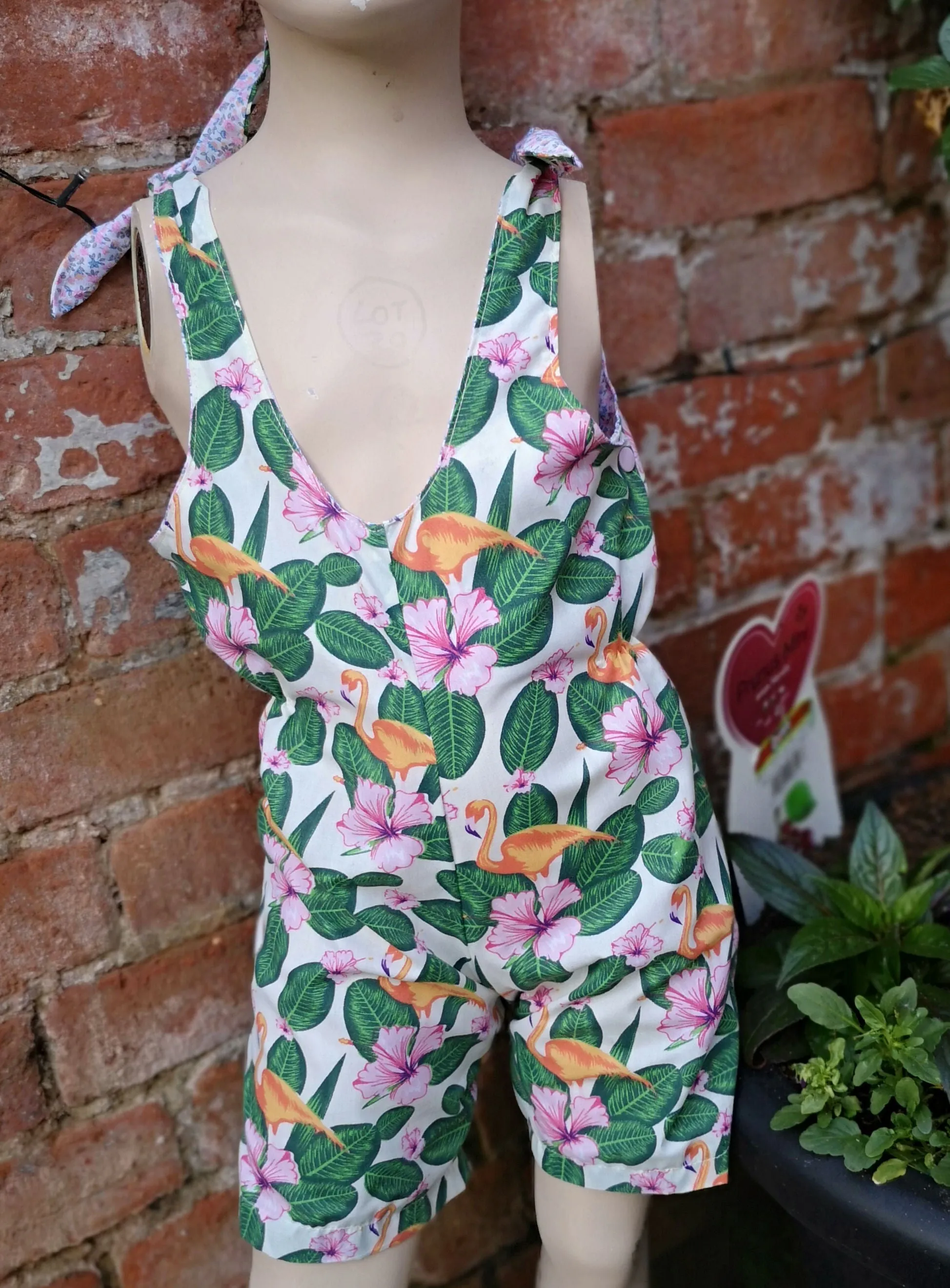 "Pretty Flamingo" Childs short playsuit, dungarees, jump suit to fit age 5 approx,