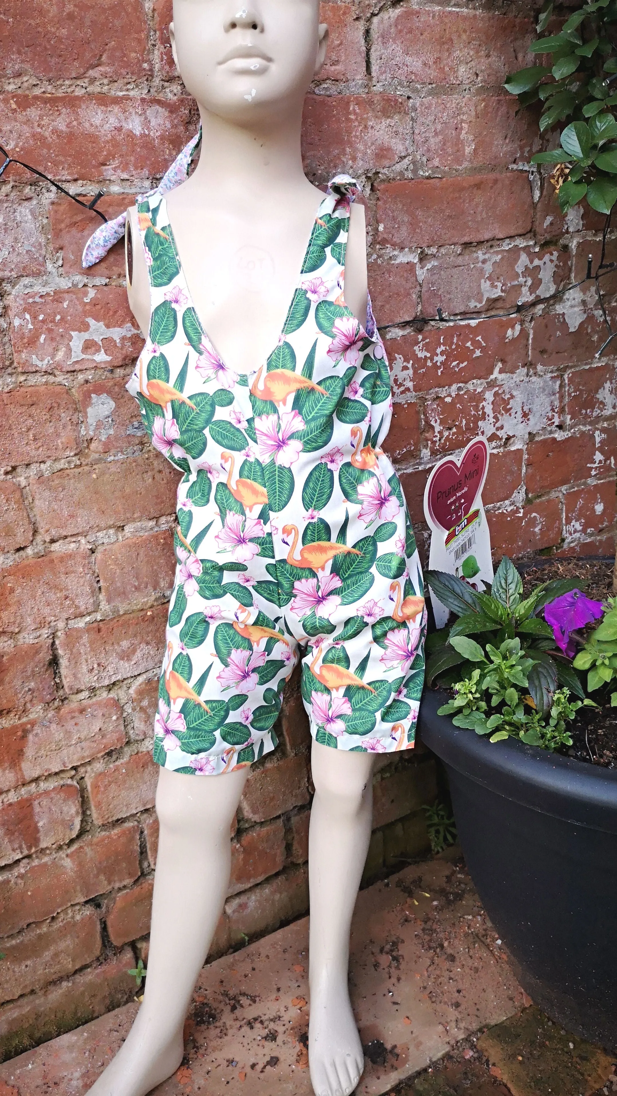 "Pretty Flamingo" Childs short playsuit, dungarees, jump suit to fit age 5 approx,