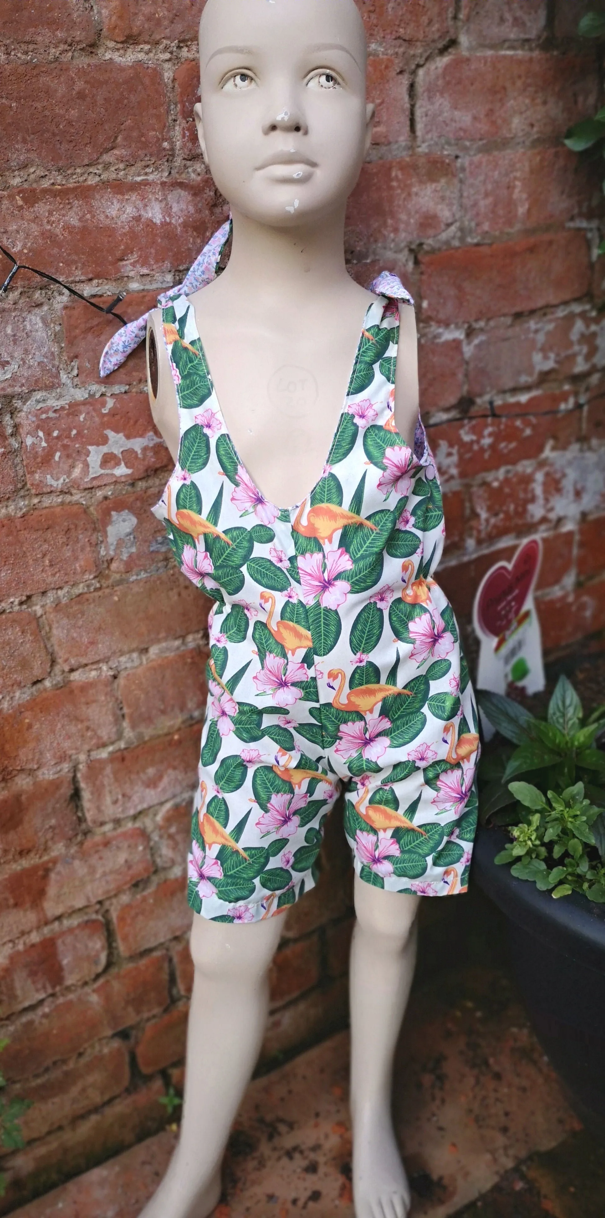 "Pretty Flamingo" Childs short playsuit, dungarees, jump suit to fit age 5 approx,