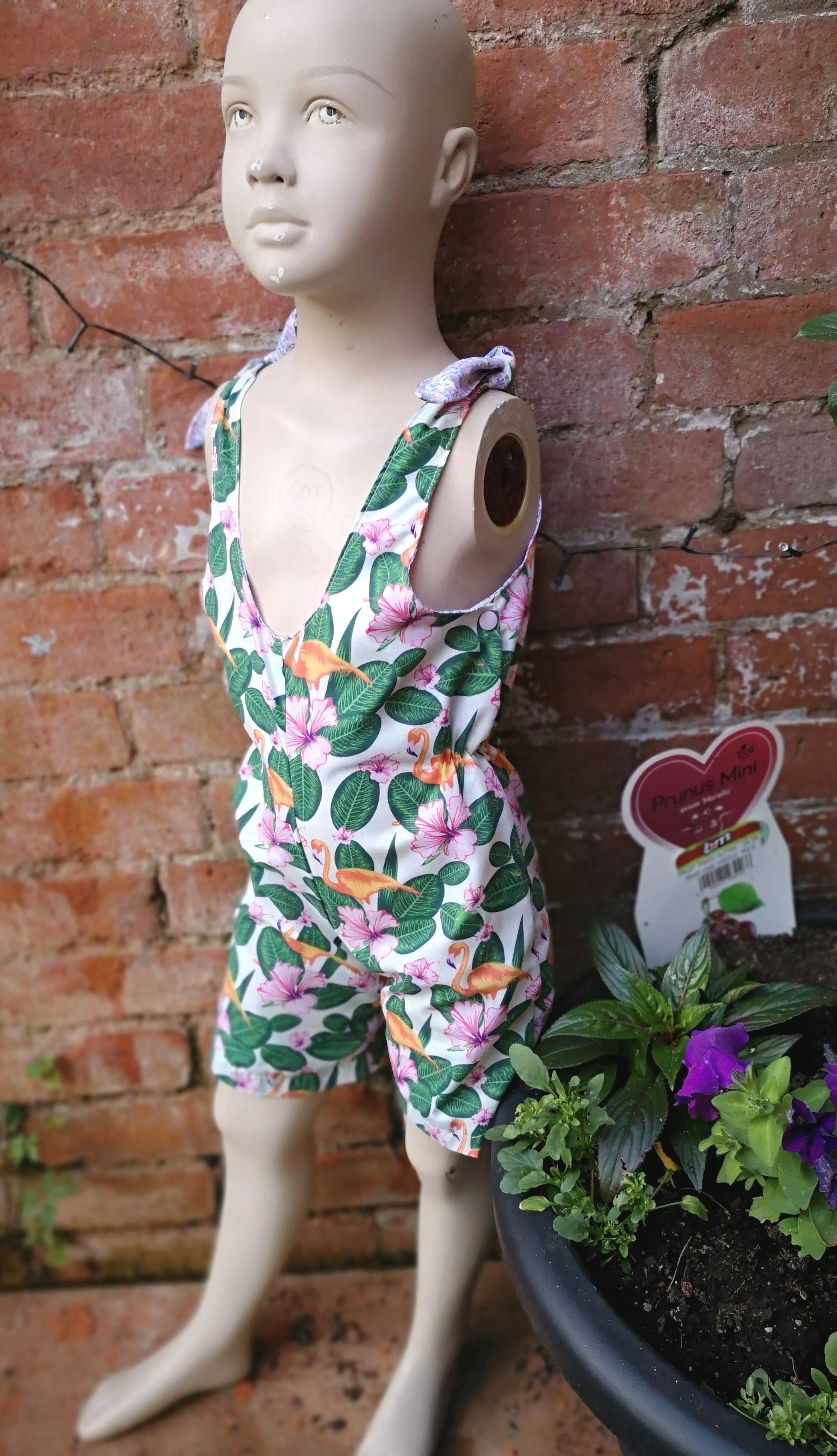 "Pretty Flamingo" Childs short playsuit, dungarees, jump suit to fit age 5 approx,