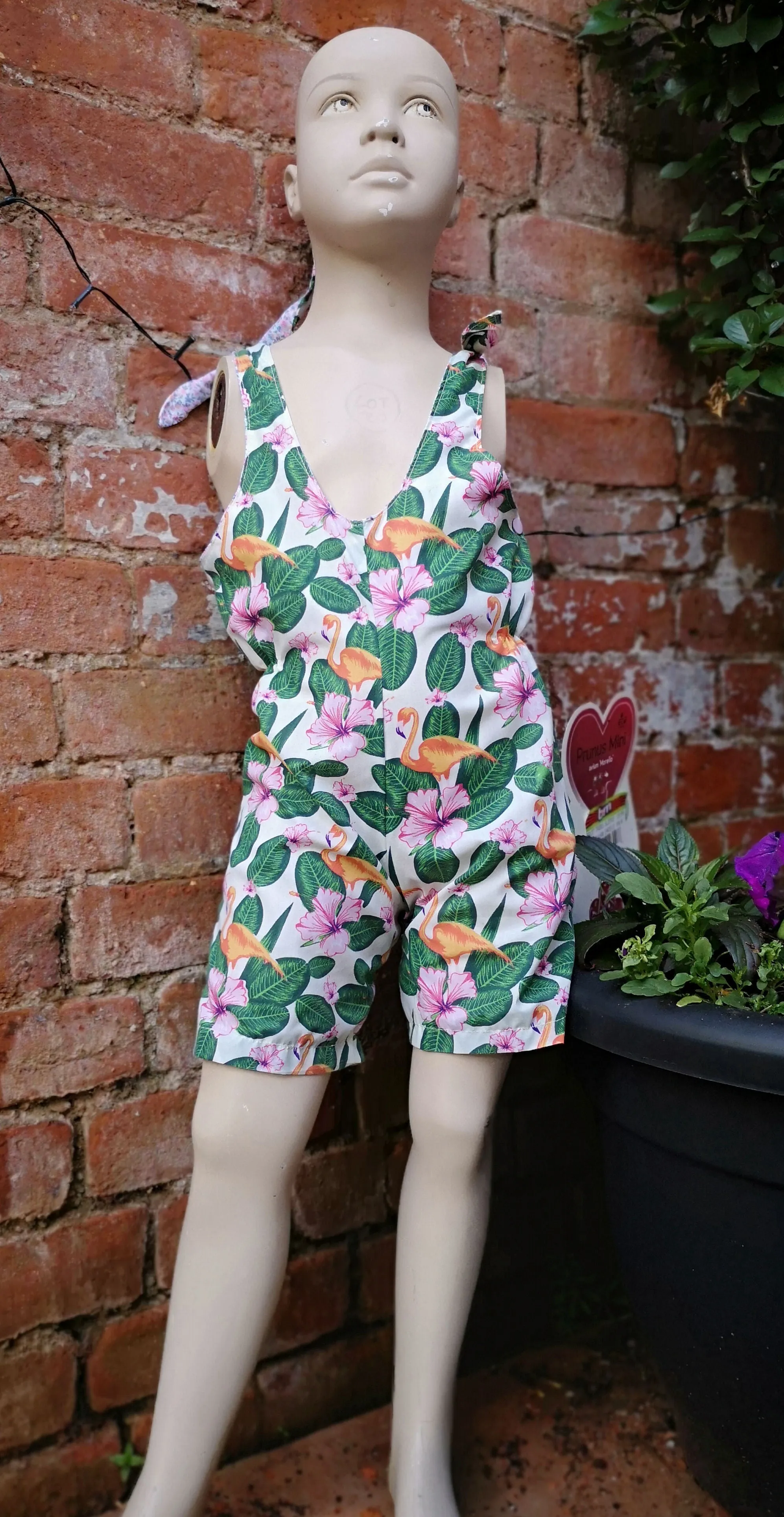 "Pretty Flamingo" Childs short playsuit, dungarees, jump suit to fit age 5 approx,