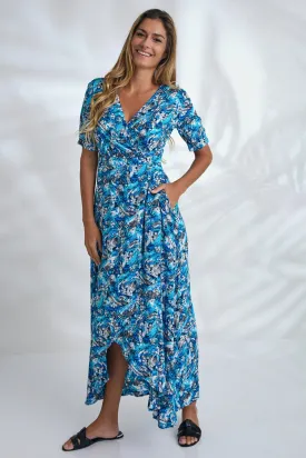 Renae Wrap Dress - Cyan Tricolour