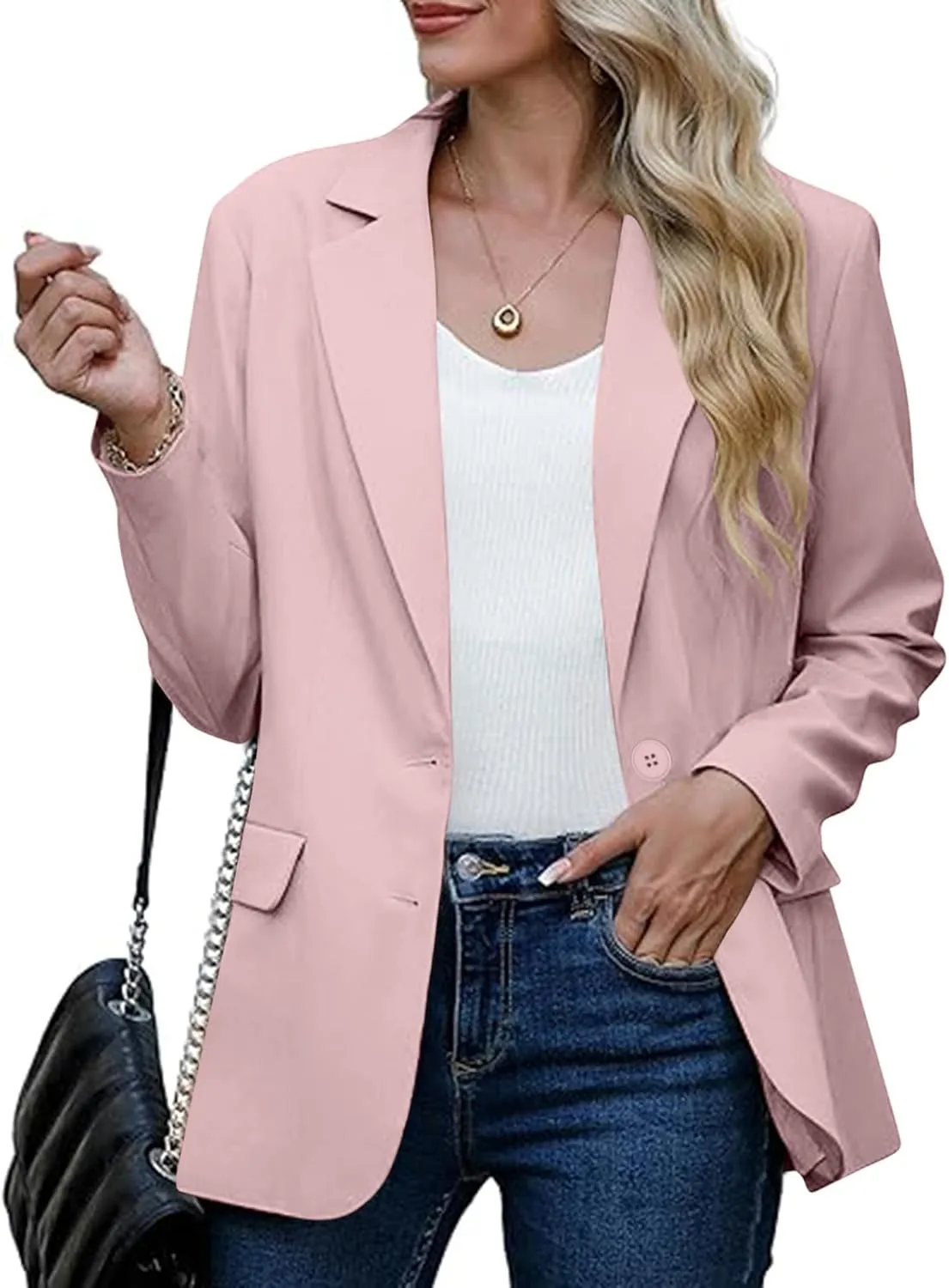 Single Button Business Casual Blazer for Women Long Sleeve with Shoulder Pads Suit Jacket Lapel Going Out Work Suit