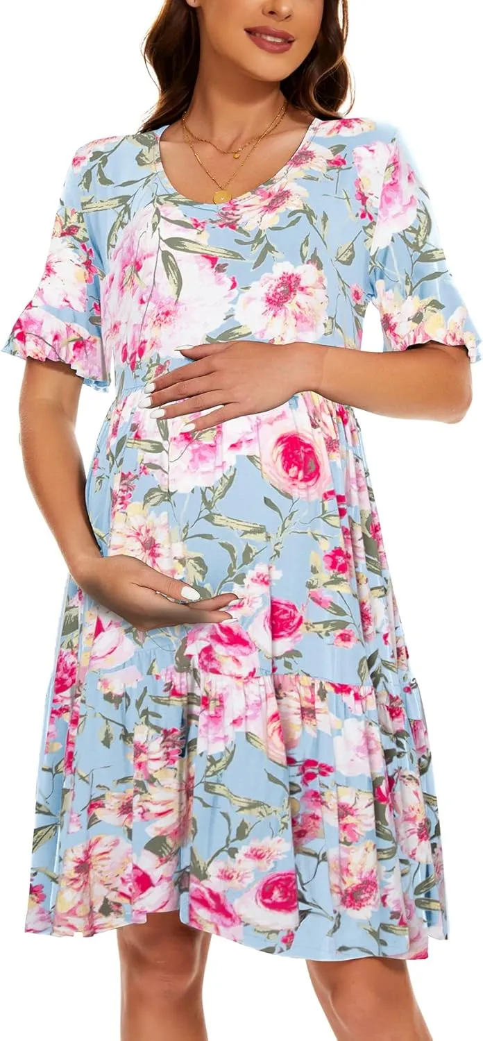 Smallshow Women's Maternity Dress Ruffle Short Sleeve Pregnancy Clothes Summer