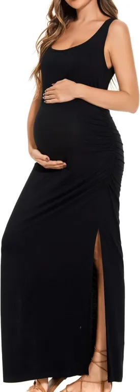 Smallshow Women's Split Long Maternity Dress Sleeveness Ruched Pregnancy Clothes
