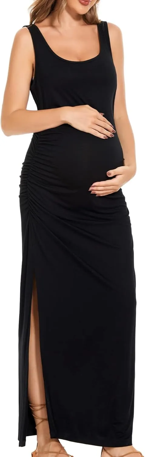 Smallshow Women's Split Long Maternity Dress Sleeveness Ruched Pregnancy Clothes