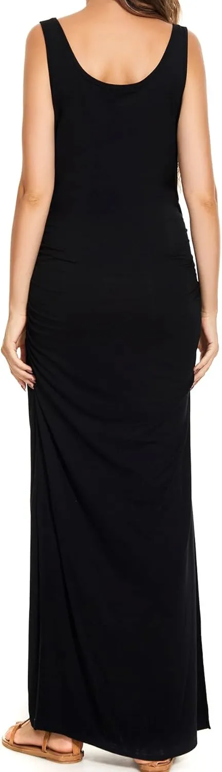 Smallshow Women's Split Long Maternity Dress Sleeveness Ruched Pregnancy Clothes