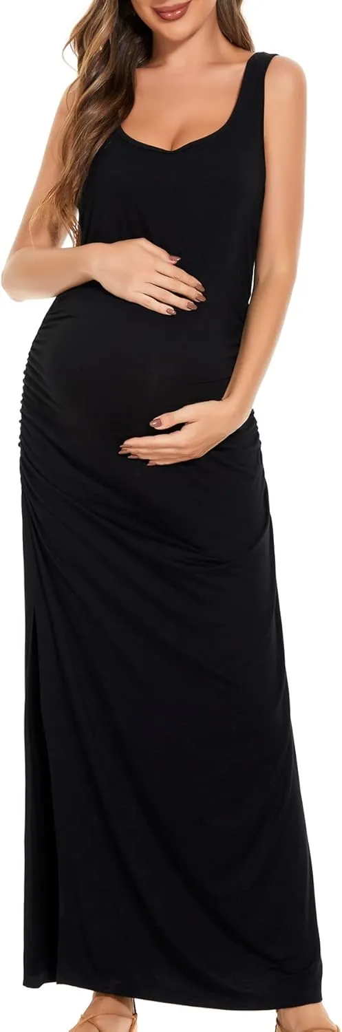 Smallshow Women's Split Long Maternity Dress Sleeveness Ruched Pregnancy Clothes