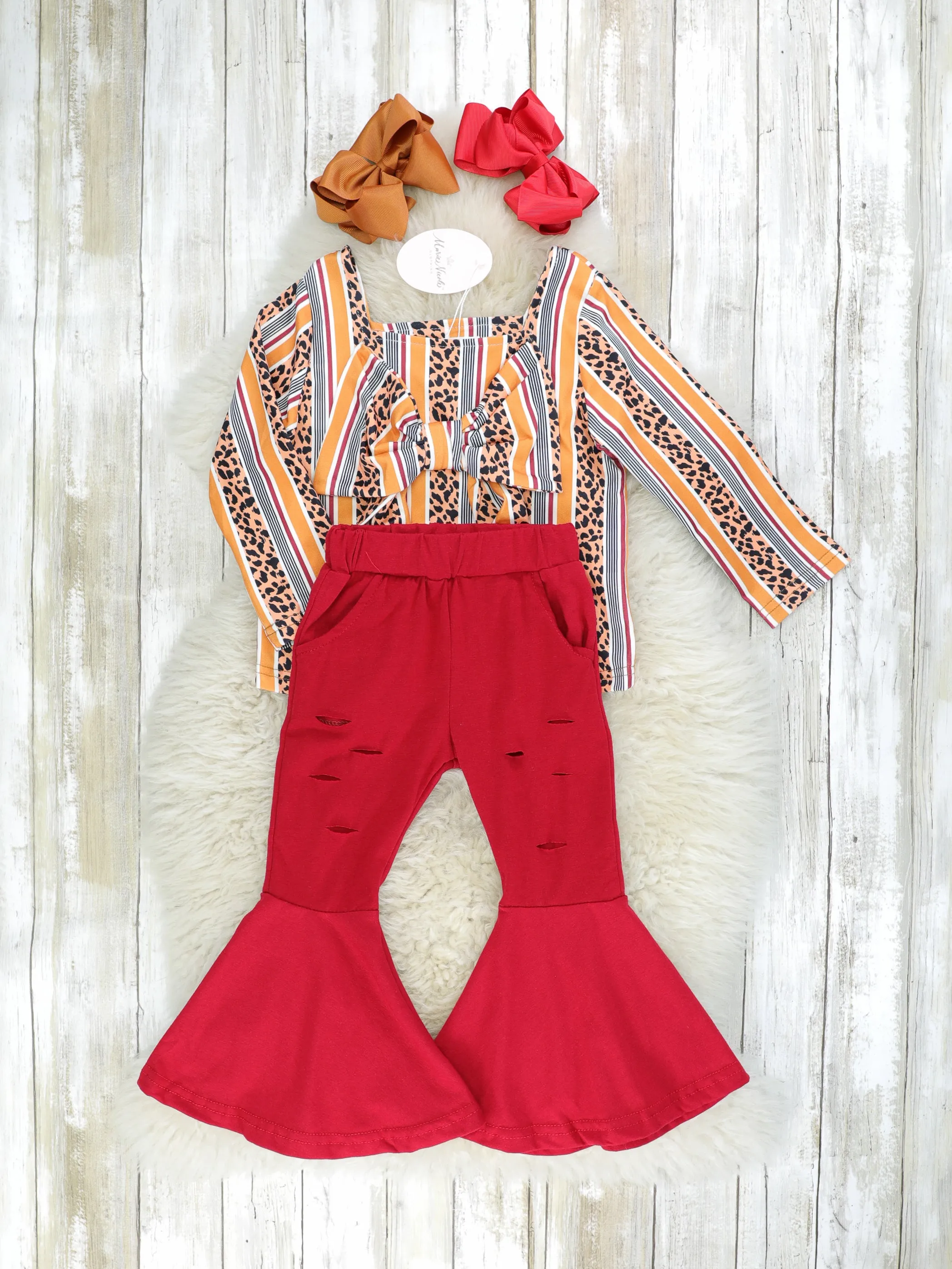 Striped Bow Top & Red Bell Bottoms Outfit