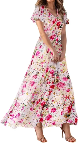 Summer Dress for Women 2025 Elegant Classy Swing Flowy V Neck Boho Sun Dresses Trendy Casual Vacation Long Sundresses