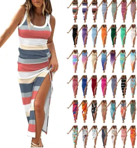 Summer Dresses for Women 2024 Sleeveless Square Neck Drawstring Side Slit Knitted Ribbed Bodycon Sexy Casual Sundress