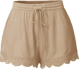 Summer Shorts for Women Elastic Waist Drawstring Lace Trim Pleated Beach Shorts Comfy Loose Lightweight Casual Shorts