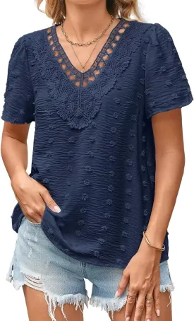 Summer Tops For Women 2025 Boho Swiss Dot Blouses Short Sleeve Shirts Flowy V Neck Casual Peasant Lace Hem Clothing