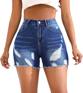 THUNDER STAR Stretchy Jean Shorts for Women Mid Rise Distressed Denim Shorts Ripped Casual Summer Shorts