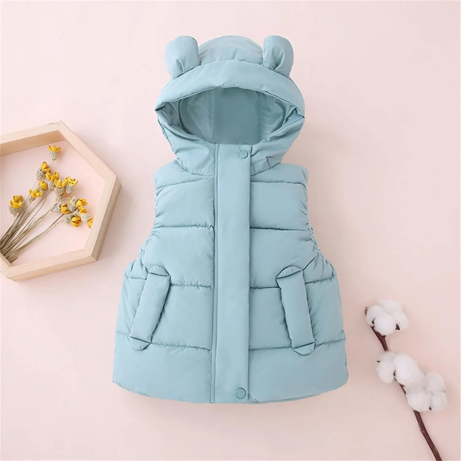 Toddler Boys Girls Light Puffer Vest Coat Bear Ears Hooded Sleeveless Zip Up Outwear Baby Winter Warm Down Jacket
