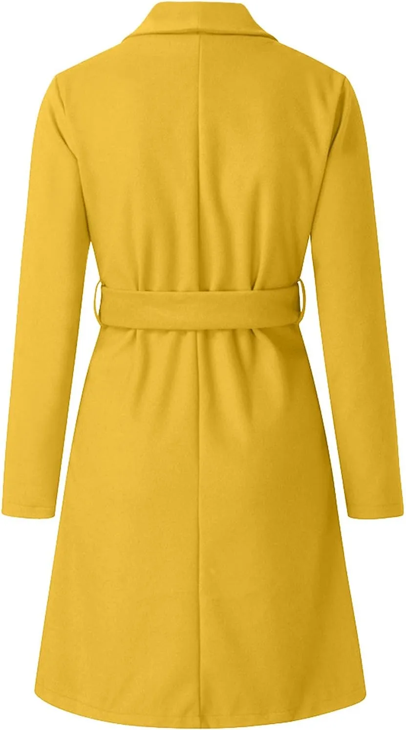Trench Coats for Women Winter Wool Blend Camel Mid-Long Coat Long Sleeve Slim Casual Open Front Cardigans Outwear