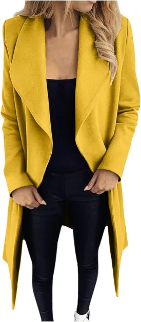 Trench Coats for Women Winter Wool Blend Camel Mid-Long Coat Long Sleeve Slim Casual Open Front Cardigans Outwear