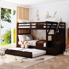 Twin-Over-Twin Bunk Bed with Twin Size Trundle and 3 Storage Stairs,Espresso