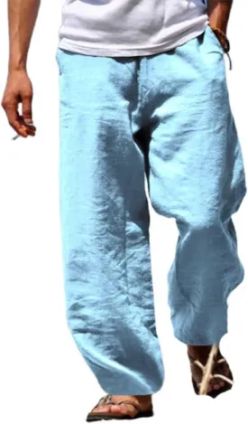 Wankang Linen Pants for Men Loose Fit Elastic Waist Drawstring Yoga Beach Pants Casual Lightweight Hippie Trousers