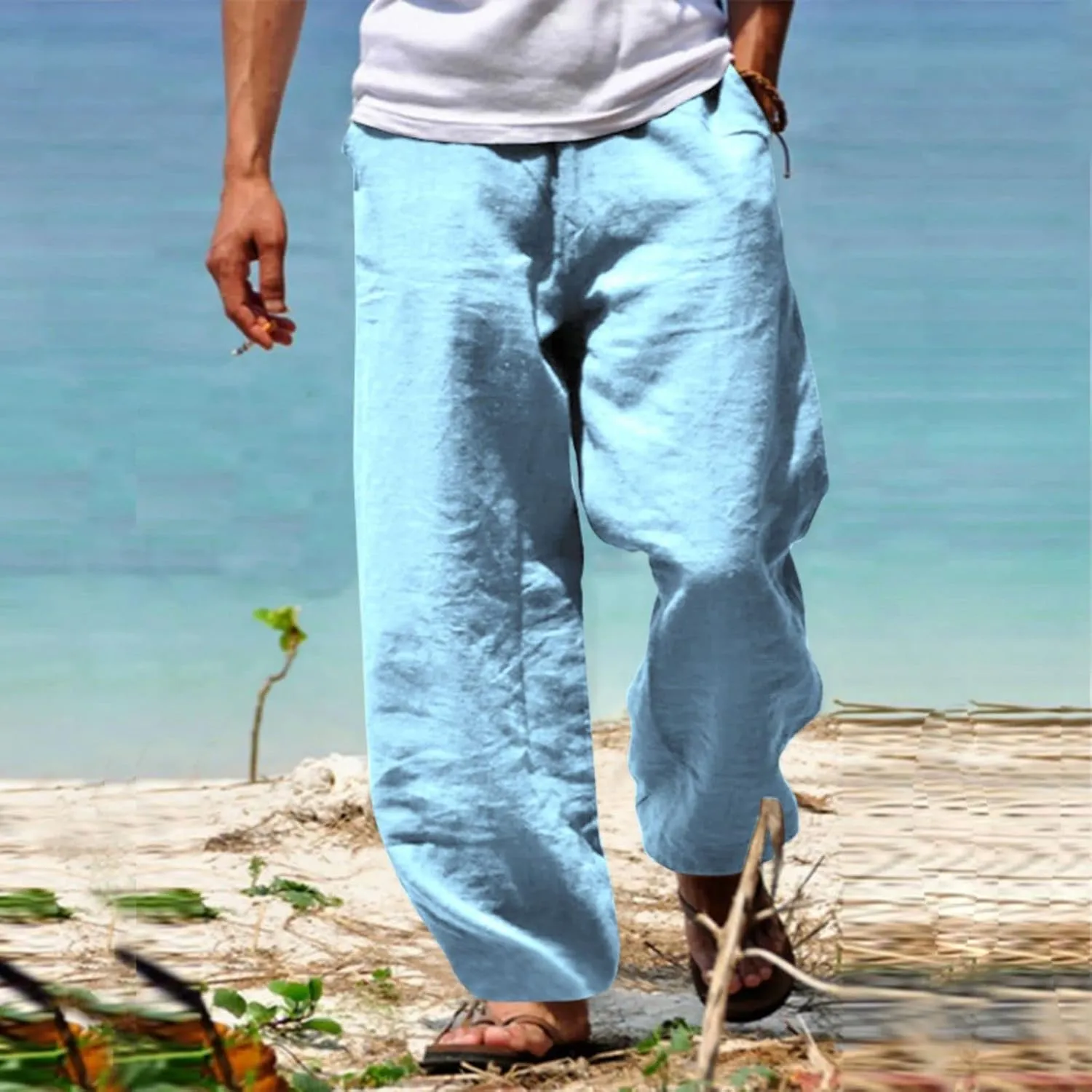Wankang Linen Pants for Men Loose Fit Elastic Waist Drawstring Yoga Beach Pants Casual Lightweight Hippie Trousers