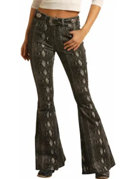 WHB6116 - Rock&Roll Denim Women's High Rise Extra Stretch Snake Skin Bell Bottom Pant