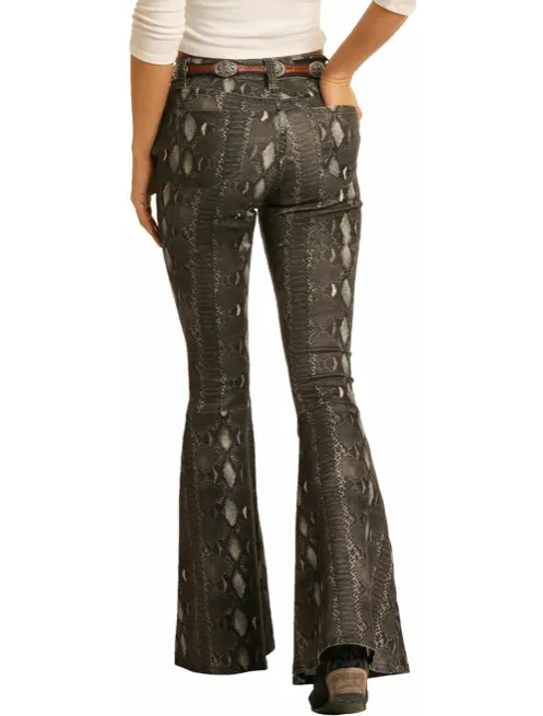 WHB6116 - Rock&Roll Denim Women's High Rise Extra Stretch Snake Skin Bell Bottom Pant