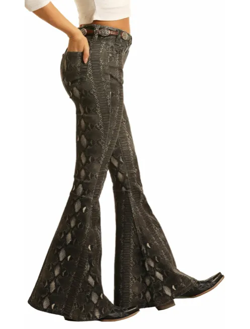 WHB6116 - Rock&Roll Denim Women's High Rise Extra Stretch Snake Skin Bell Bottom Pant