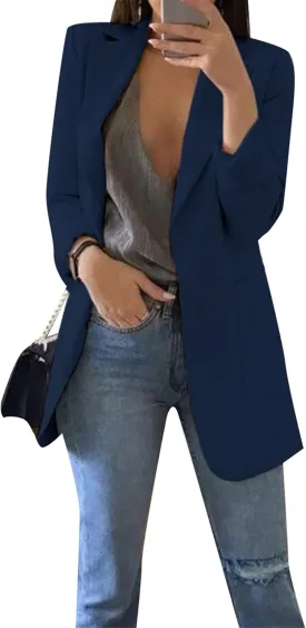 WIWIQS Women Blazer Lapel Solid Color Casual Loose Office Coat with Pockets Long Sleeve Slim Work Jacket
