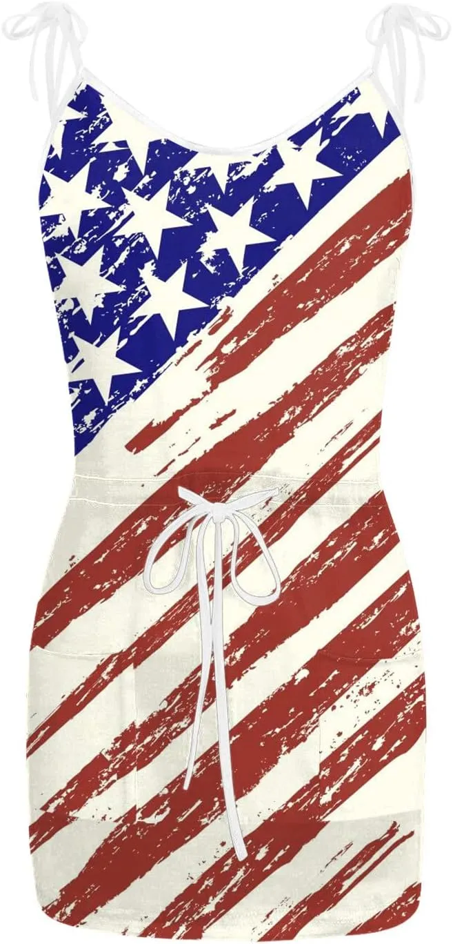 Women 4th of July Flag Tank Dress Summer Casual Striped Patriotic Dress Sleeveless Drawstring Waist Sundress