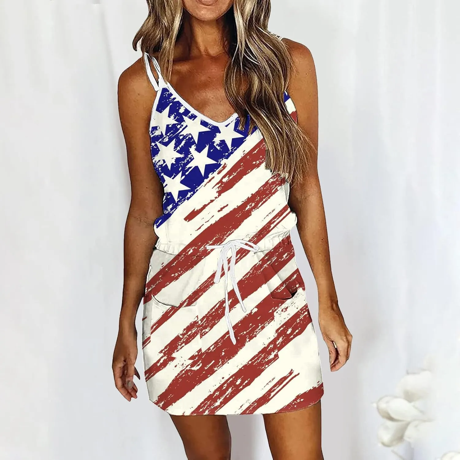 Women 4th of July Flag Tank Dress Summer Casual Striped Patriotic Dress Sleeveless Drawstring Waist Sundress