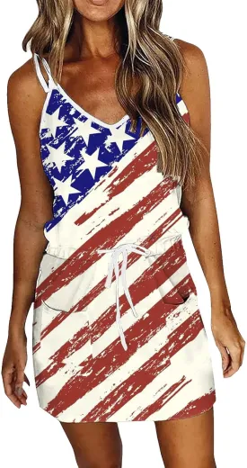 Women 4th of July Flag Tank Dress Summer Casual Striped Patriotic Dress Sleeveless Drawstring Waist Sundress